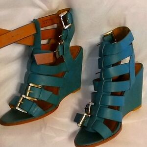 Teal strappy wedge heels! Size  8 1/2 By Leila Stone